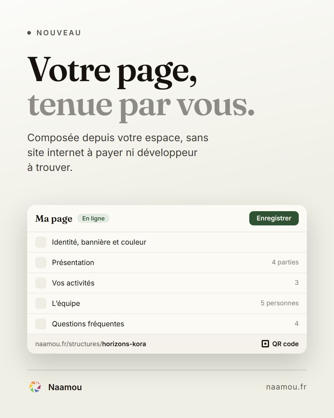 L’écran Ma page, qui compose la page publique de la structure