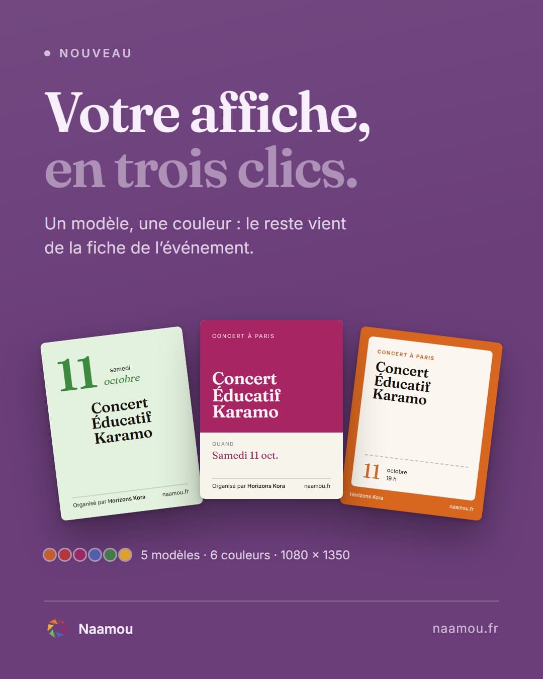 Trois affiches Naamou générées pour un même concert